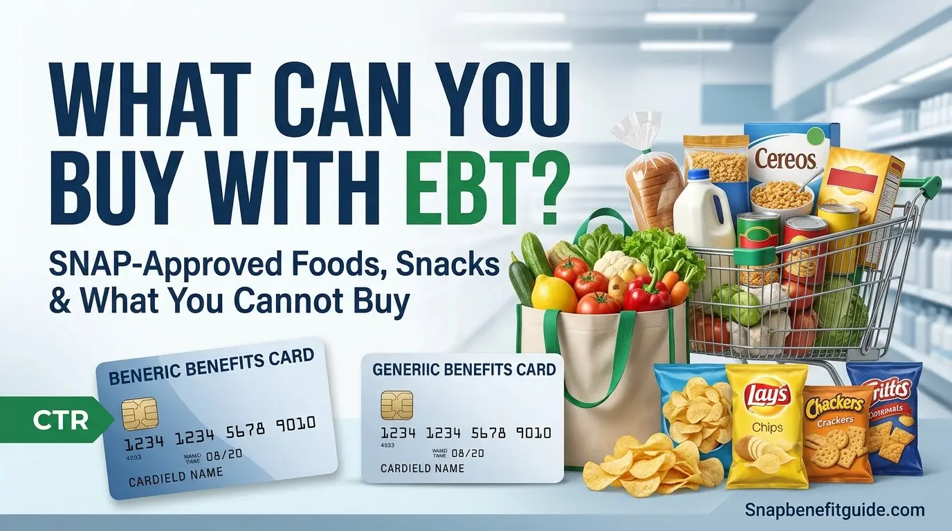 What can you buy with EBT showing SNAP-approved foods like fruits, vegetables, packaged snacks, and an EBT benefits card.