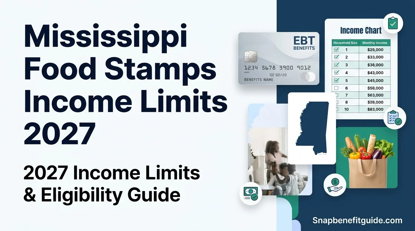 Mississippi food stamps income limits 2027 infographic showing SNAP eligibility, household income rules, and EBT benefits.